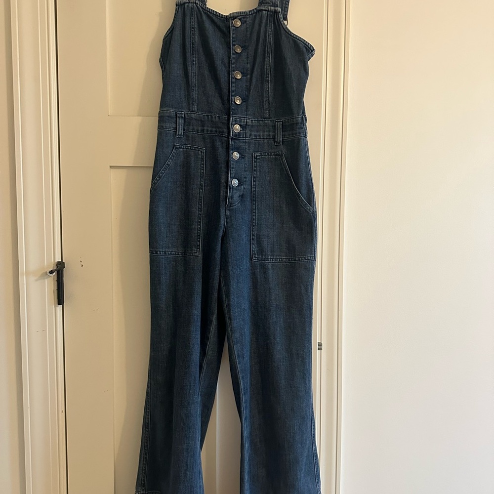 Aerie- sweetheart neck Dark Wash Denim Button-Front Overalls